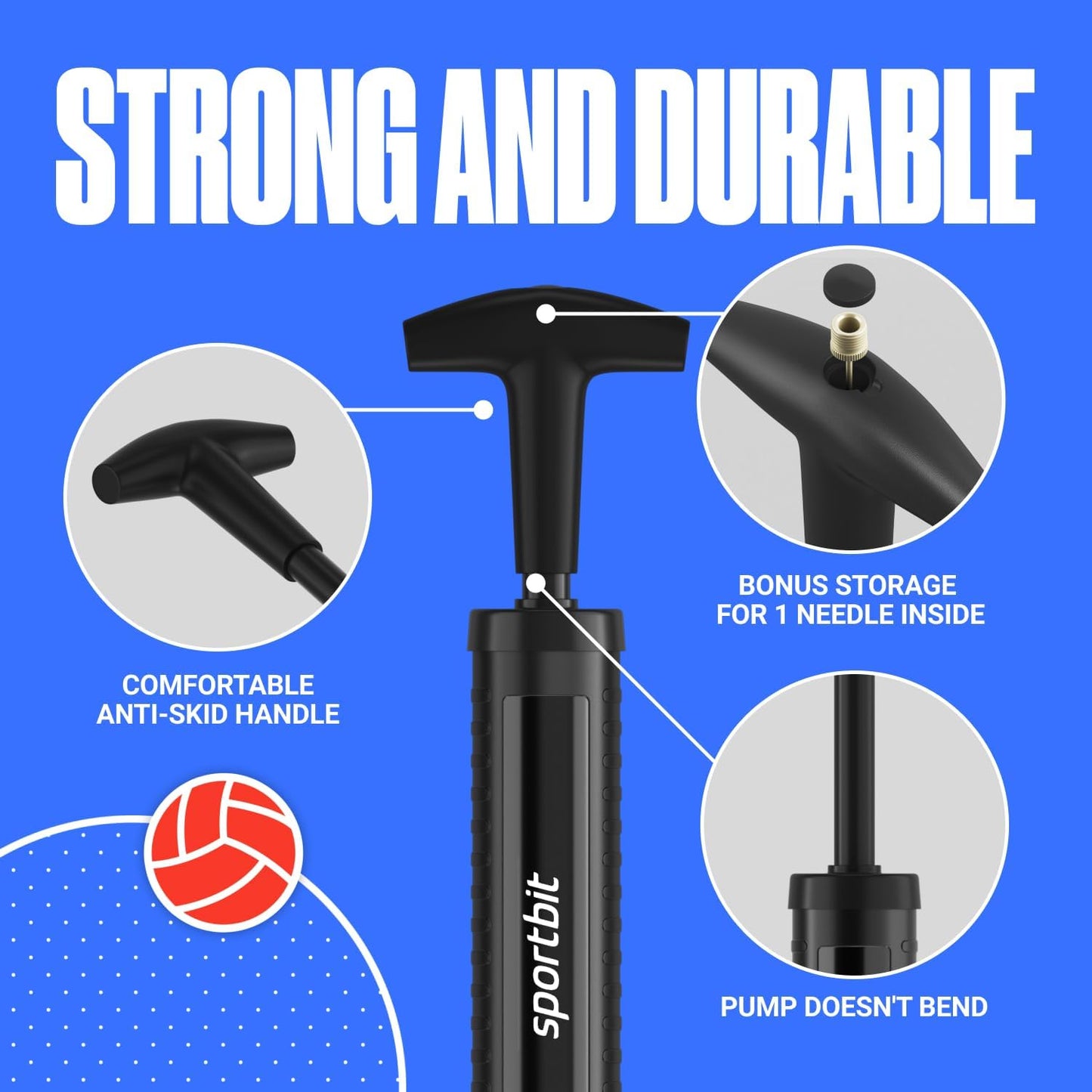 SPORTBIT Ball Pump for Sports Balls - Push & Pull Inflating System - Hand Pump for All Exercise Balls - Volleyball Pump, Basketball Inflator, Football & Soccer Ball Air Pump