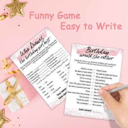 Birthday Party Cards for Girl, Birthday Games Card, Would She Rather Game Cards Set, Birthday Supplies Activity Decorations for Adult Girl, Set of 30 Game Cads