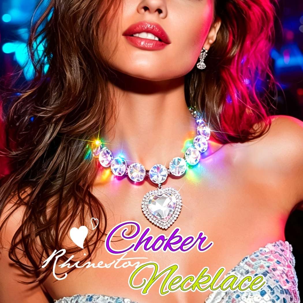 Yonamix Light Up Rhinestone Choker Necklace Silver Heart Necklaces Jewelry for Women