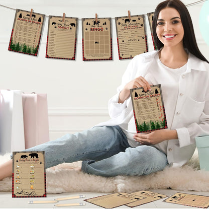 Yinder 145 Pcs Baby Shower Games Activities Cards with 20 Pencils Includes Baby Bingo Description and Wishes Guess Who Price is Right Word Scramble Game(Here Comes the Son)