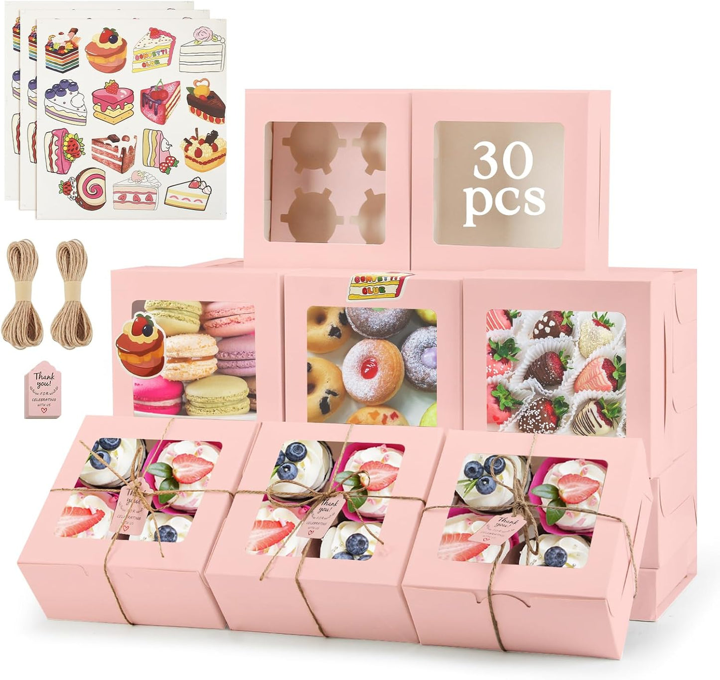 OAMCEG 50 PCS Cupcake Boxes with Window, 6x6x3 Inch Cookie Boxes, Bakery Treat Boxes for Pastry, Dessert, Chocolate Strawberries, Cupcake Containers, Gift Giving with Stickers & Twine （Brown）