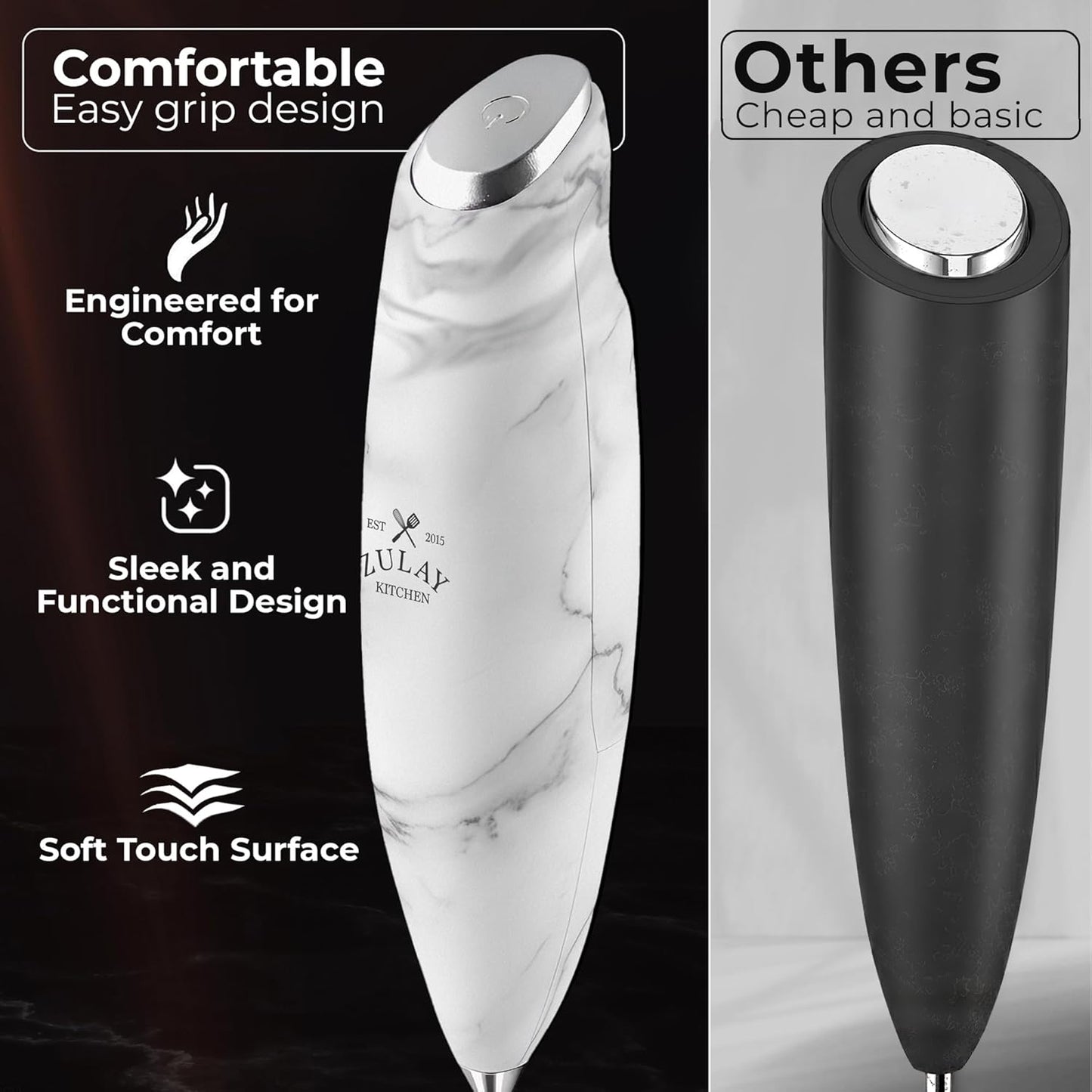 Zulay Kitchen Powerful Milk Frother Wand With Duracell Batteries - Ultra Fast Handheld Drink Mixer - Electric Whisk Foam Maker for Coffee, Lattes, Cappuccino & Matcha - Z1 Motor - Black - Colors C