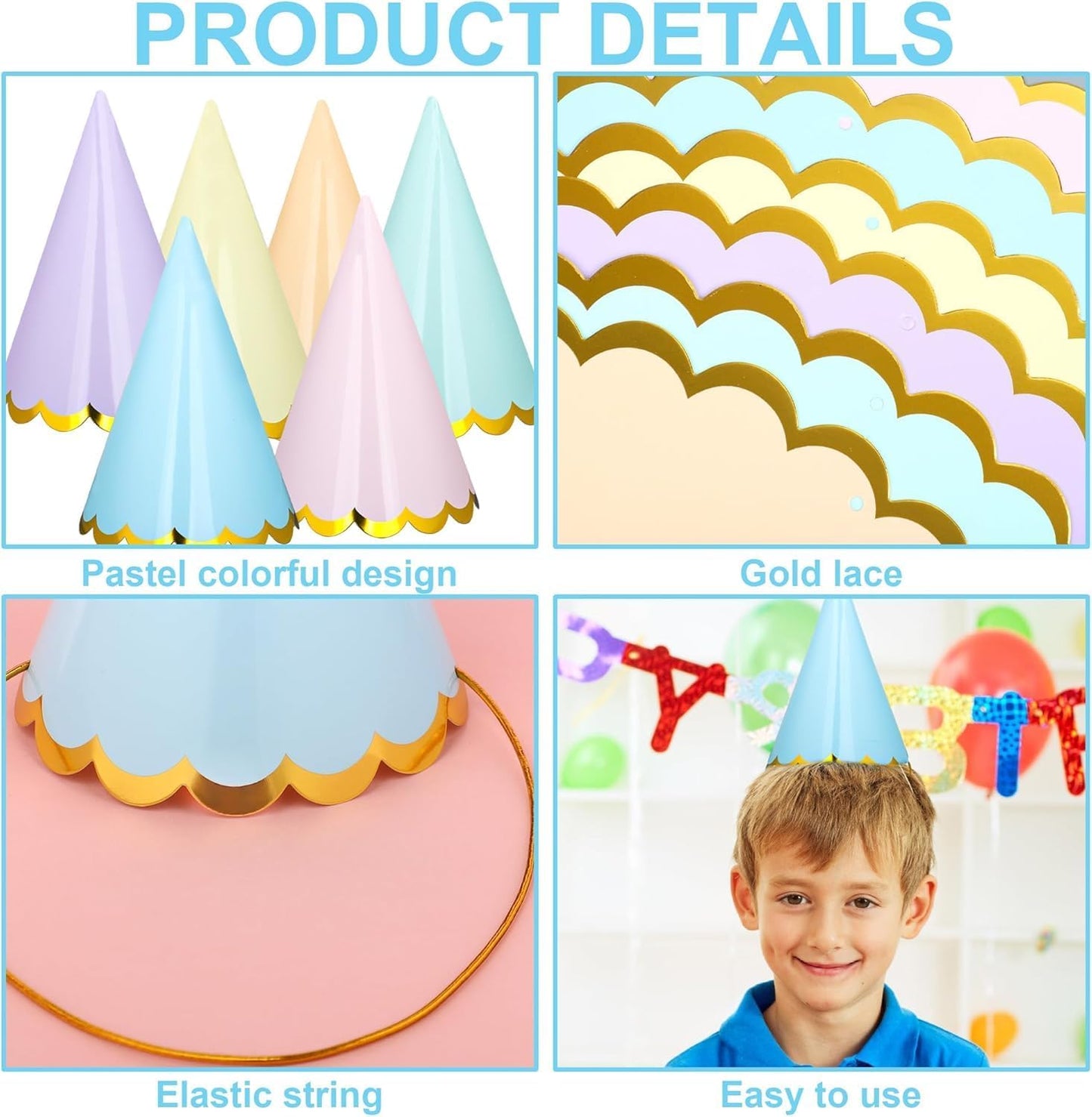 24Pcs Pastel Birthday Party Hats — Colorful Cone Paper Hats with Gold Edge/Gold-Stamped, Elastic String, 6 Colors, for Baby Shower, Bridal, Wedding