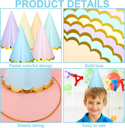 24Pcs Pastel Birthday Party Hats — Colorful Cone Paper Hats with Gold Edge/Gold-Stamped, Elastic String, 6 Colors, for Baby Shower, Bridal, Wedding