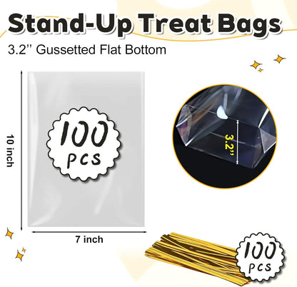 PigPotParty Cellophane Treat Bags 6x9 Inch, 50 Pack Clear Goodie Bags with Bottom Gusset for Stand-Up Display, Small Plastic Gift Wrap for Cookies, Candy, Party Favors, Popcorn, Includes 50 Gold Ties
