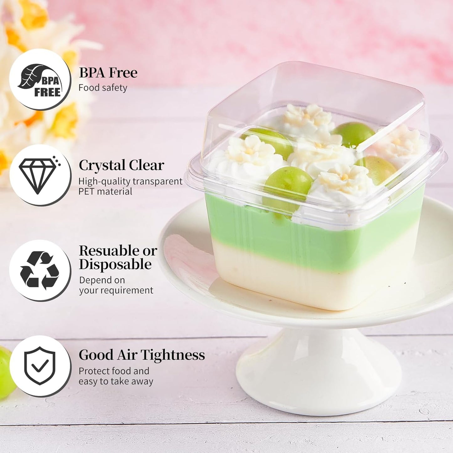 Kucoele 50 Pack 8 oz Plastic Dessert Cups with Lids and Sporks, Clear Square Cake Cups Dessert Containers for Pudding Parfait Fruit Yogurt and Shortcake