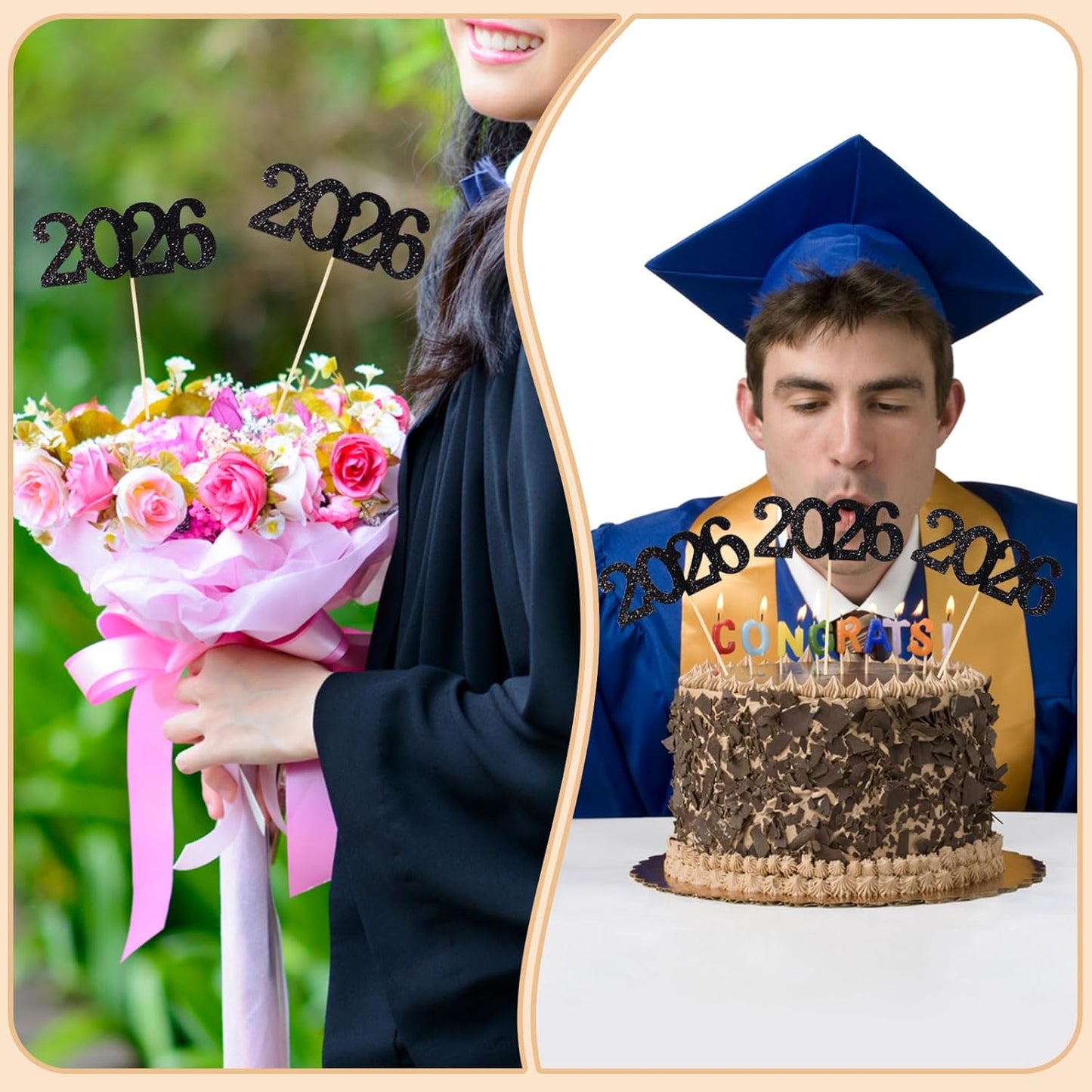 12 Pieces Glitter 2026 Centerpiece Sticks Black Double Sided 2026 Graduation Party Sticks 2026 Floral Picks Table Centerpiece Topper for 2026 Graduation New Year Party Decoration Supplies,4.9x9.1"