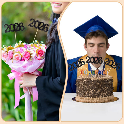 12 Pieces Glitter 2026 Centerpiece Sticks Black Double Sided 2026 Graduation Party Sticks 2026 Floral Picks Table Centerpiece Topper for 2026 Graduation New Year Party Decoration Supplies,4.9x9.1"