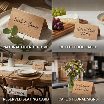 Place Cards - 150 Pack Kraft Tent Cards, 4 x 3.5 in Double-Sided Name Cards for Table Setting with Pre-Scored Fold, Rustic Wedding Seating Cards & Food Labels for Party Buffet
