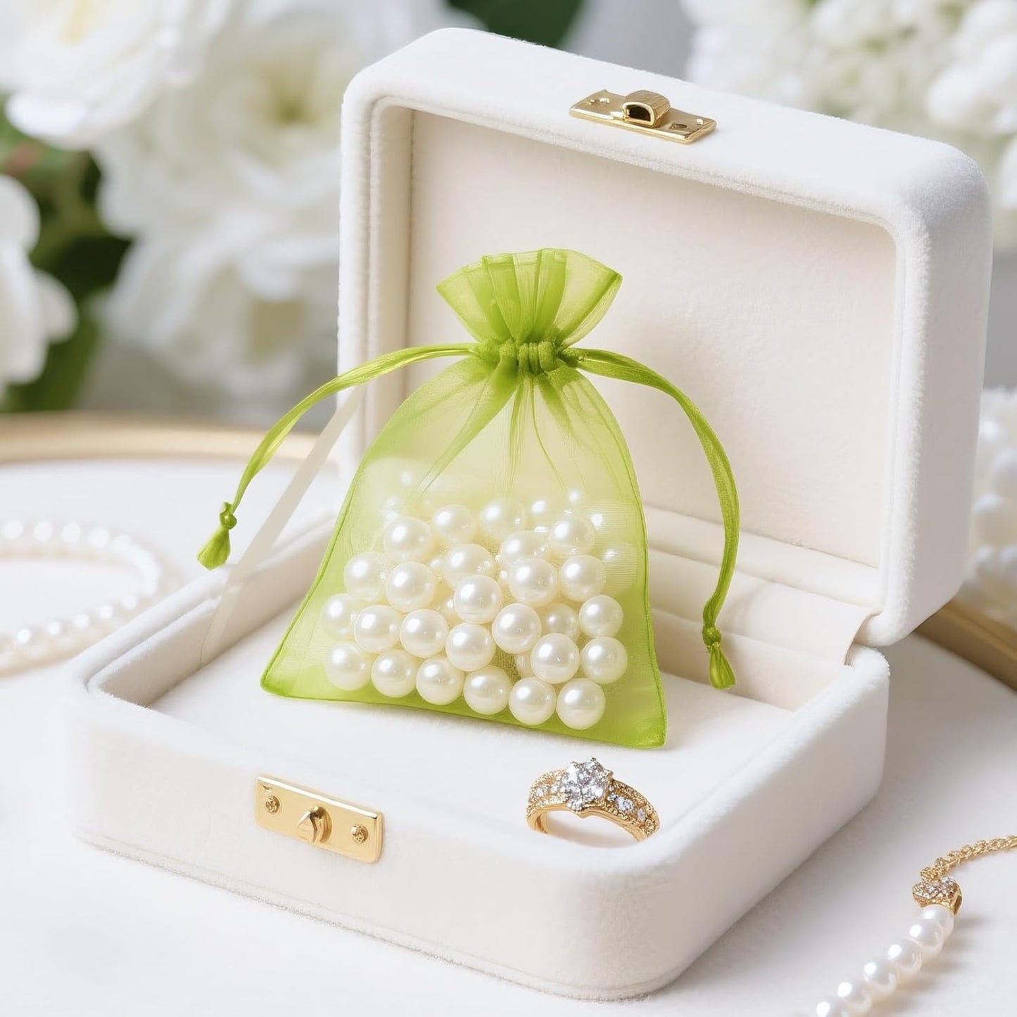 joycraft 50Pcs Organza Bags, 2x3 inch Gift Favor Bags, White Wedding Favor Bags, Jewelry Pouches with Drawstring, Mesh Bags Drawstring for Jewelry, Festival, Makeup, Candy, Desserts