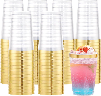 supernal 100pcs Gold Plastic Cups 12 oz, Glitter Clear Disposable Cups Heavy Duty, Fancy Plastic Cocktail Tumblers for Wedding, Parties Champagne & Mixed Drinks