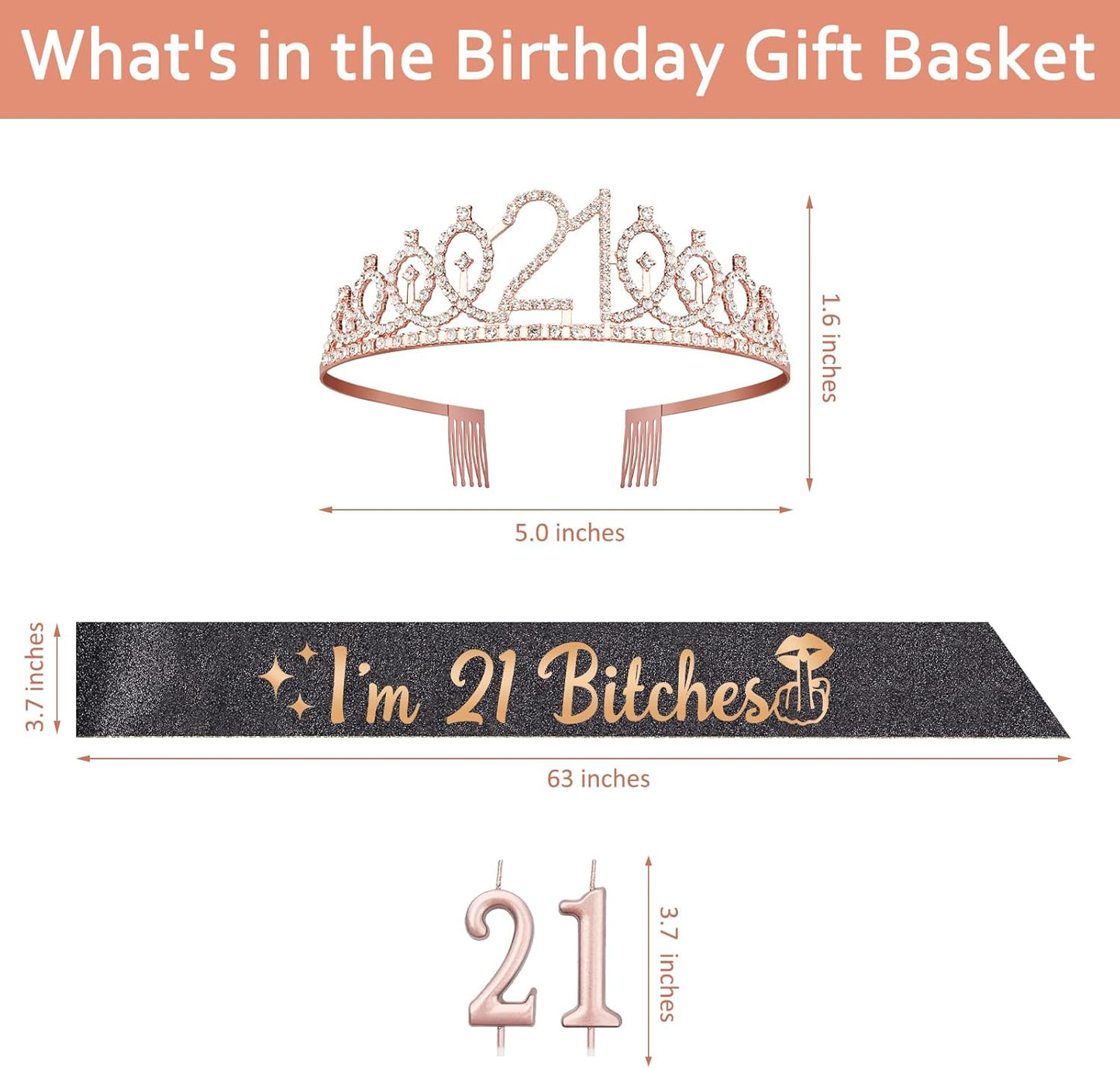 21st Birthday Decorations for Her with 21st Birthday Sash and Crown, Candles Gold, Gifts for 21 Year Old Girls