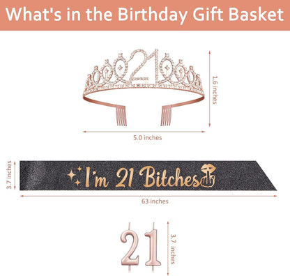 21st Birthday Decorations for Her with 21st Birthday Sash and Crown, Candles Gold, Gifts for 21 Year Old Girls