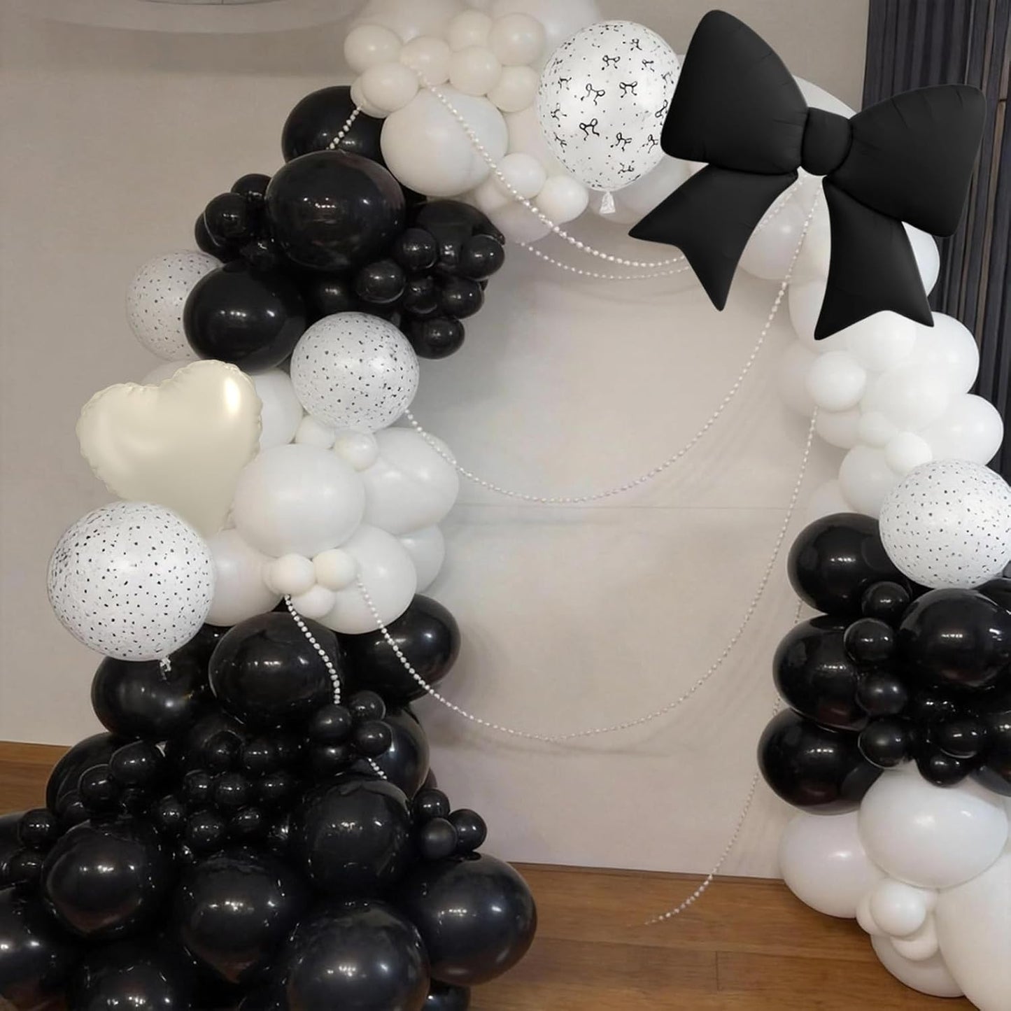 Black White Bow Balloons, 50 Pcs Pearl White Dot Printed Balloons with Black Bow and Cream Heart foil Balloon for Alternative Birthday Party Baby Shower Wedding Bachelorette Party Decorations