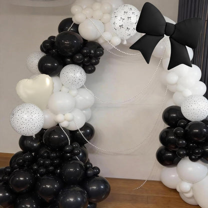 Black White Bow Balloons, 50 Pcs Pearl White Dot Printed Balloons with Black Bow and Cream Heart foil Balloon for Alternative Birthday Party Baby Shower Wedding Bachelorette Party Decorations