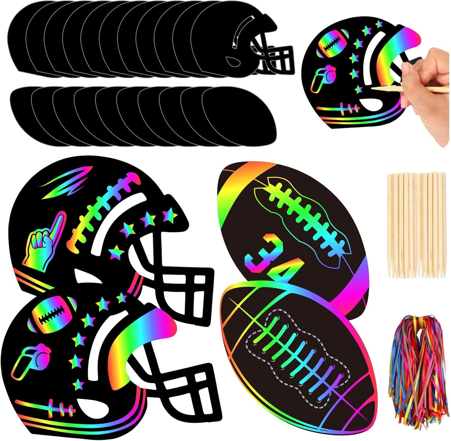 JarThenaAMCS 60 Pcs Football Scratch Paper Craft Kits Football Helmet Scratch Cards Ornaments with Ribbon and Wooden Styluses for DIY Crafts Painting Classroom Party Supplies