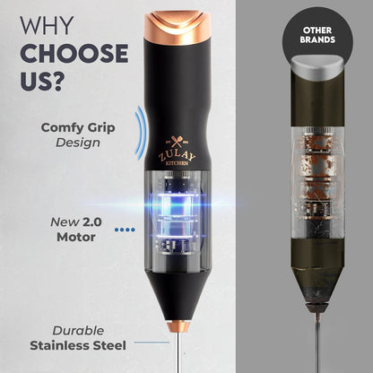Zulay Kitchen Powerful Milk Frother AA Batteries Included – Ultra Fast Handheld Drink Mixer with Stainless Steel Whisk Stirrer for Coffee, Protein, Matcha & More, Frother Wand Electric Frothmate Black - Colors E