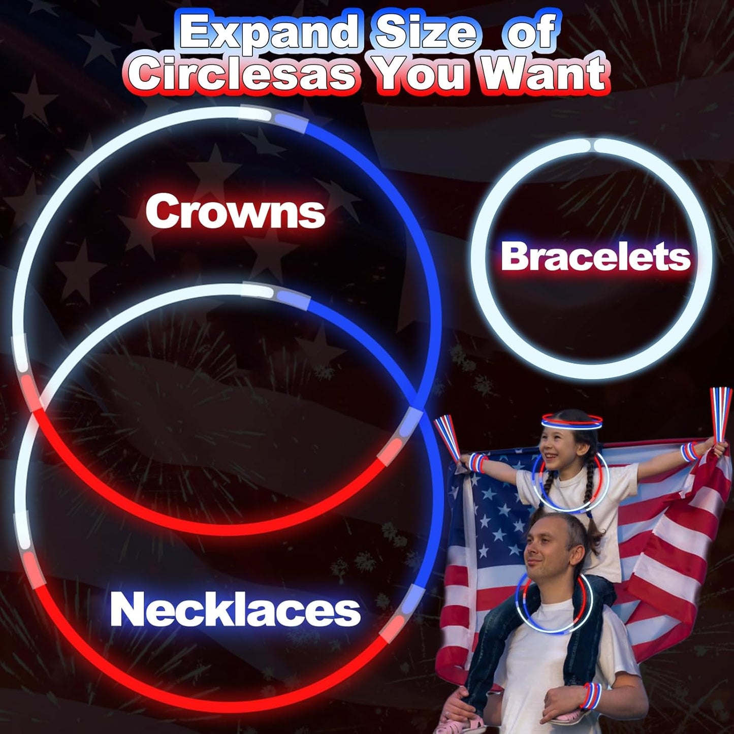 300 Pack 4th of July Glow Sticks Party Favors with Connectors,Patriotic Red White Blue Glow Stick Bracelets Nacklaces Glow in the Dark Party Accessories Memorial Day Decorations,250th Anniversary USA