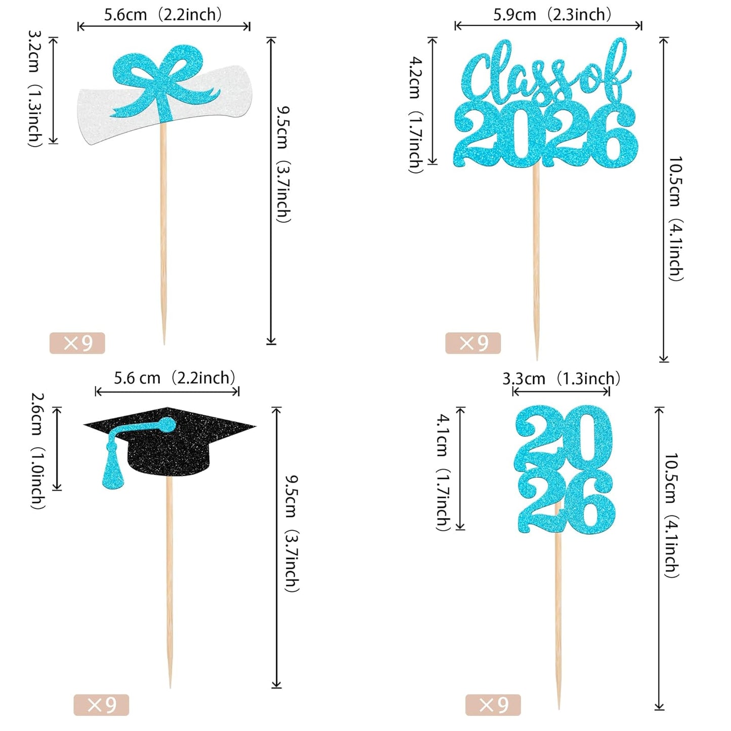 36 PCS 2026 Graduation Theme Cupcake Toppers Glitter Class of 2026 Grad Cap Diploma Cupcake Picks 2026 Graduation Theme Party Cake Decorations Supplies Deep Blue