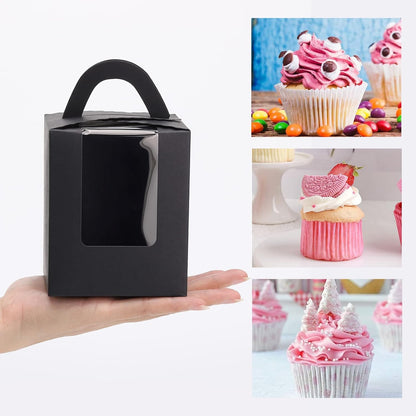 acDesign 100Pcs Cupcake Boxes With Window 3.6in*3.6in*4.3in Single Individual Cupcake Boxes With Handle and Inserts for Wedding Birthday Party Treats Gift,Black