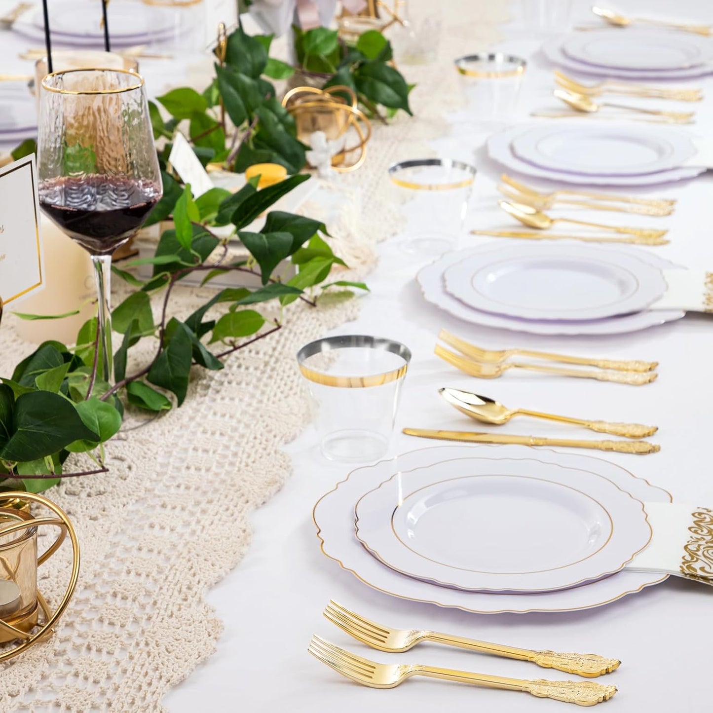 350 Pieces Black and Gold Plastic Plates with Disposable Silverware, Include 50 Dinner Plates 9”, 50 Dessert Plates 6.3”, 50 Black Cups 9 OZ, 50 Pre Rolled Napkins for Wedding Party Graduation