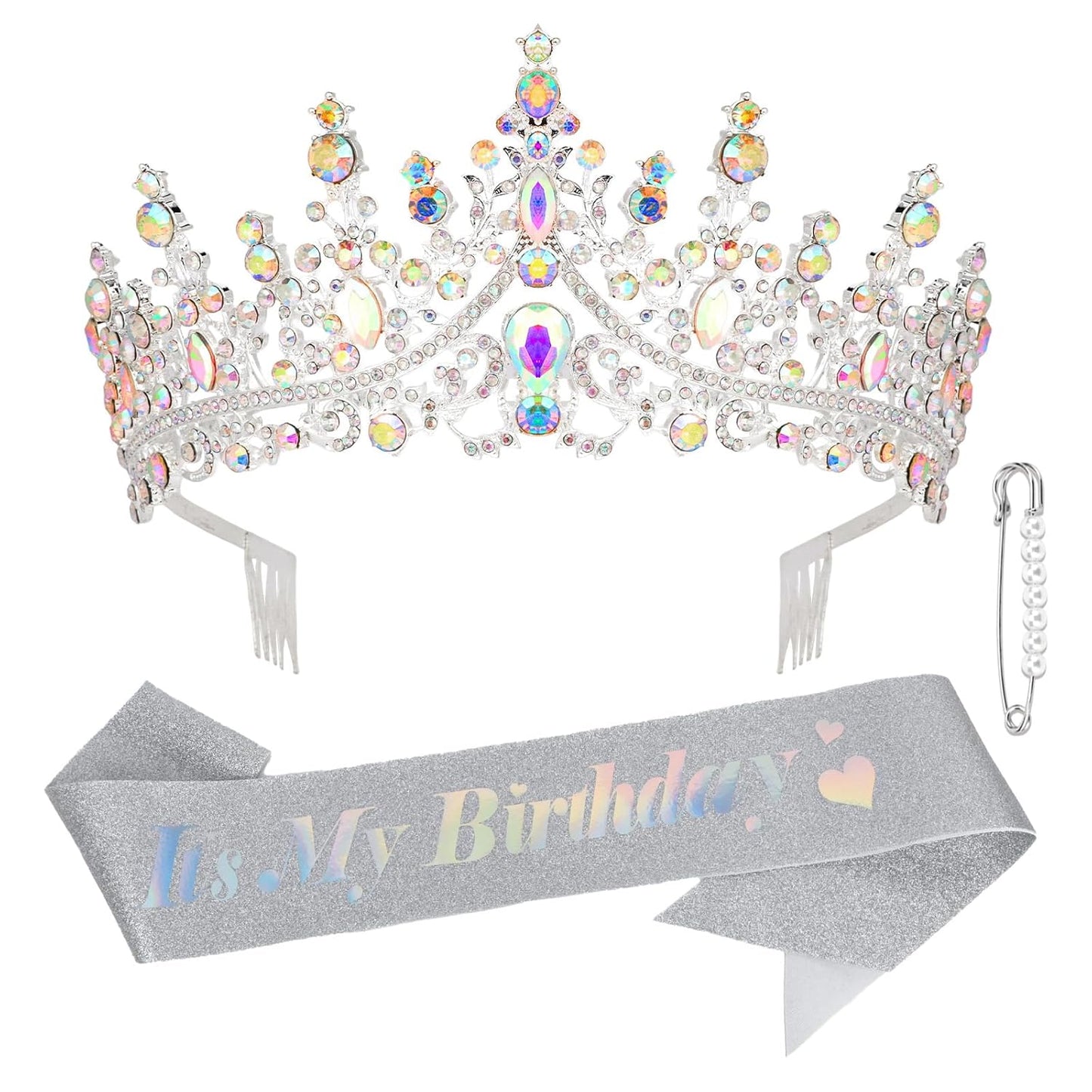 CURASA Birthday Tiara and Sash - Silver Birthday Crown for Women, Perfect for Parties and Celebrations