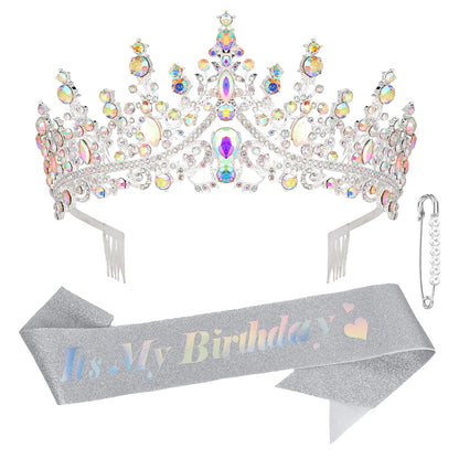 CURASA Birthday Tiara and Sash - Silver Birthday Crown for Women, Perfect for Parties and Celebrations