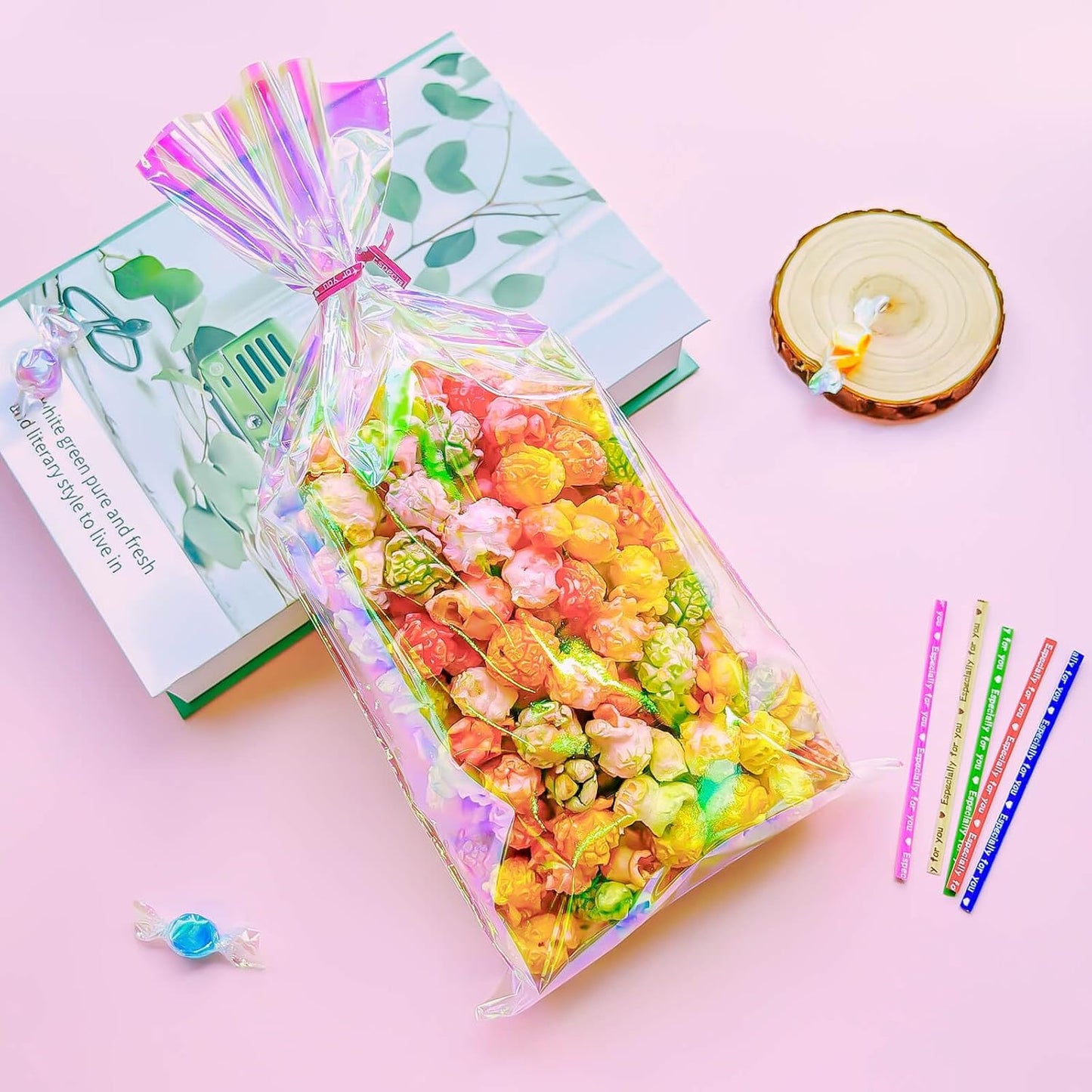 5x7 Inch Iridescent Cellophane Treat Bags with Twist Ties, Treat Bags for Candy Cookie Goodie Chocolates, And Popcorn