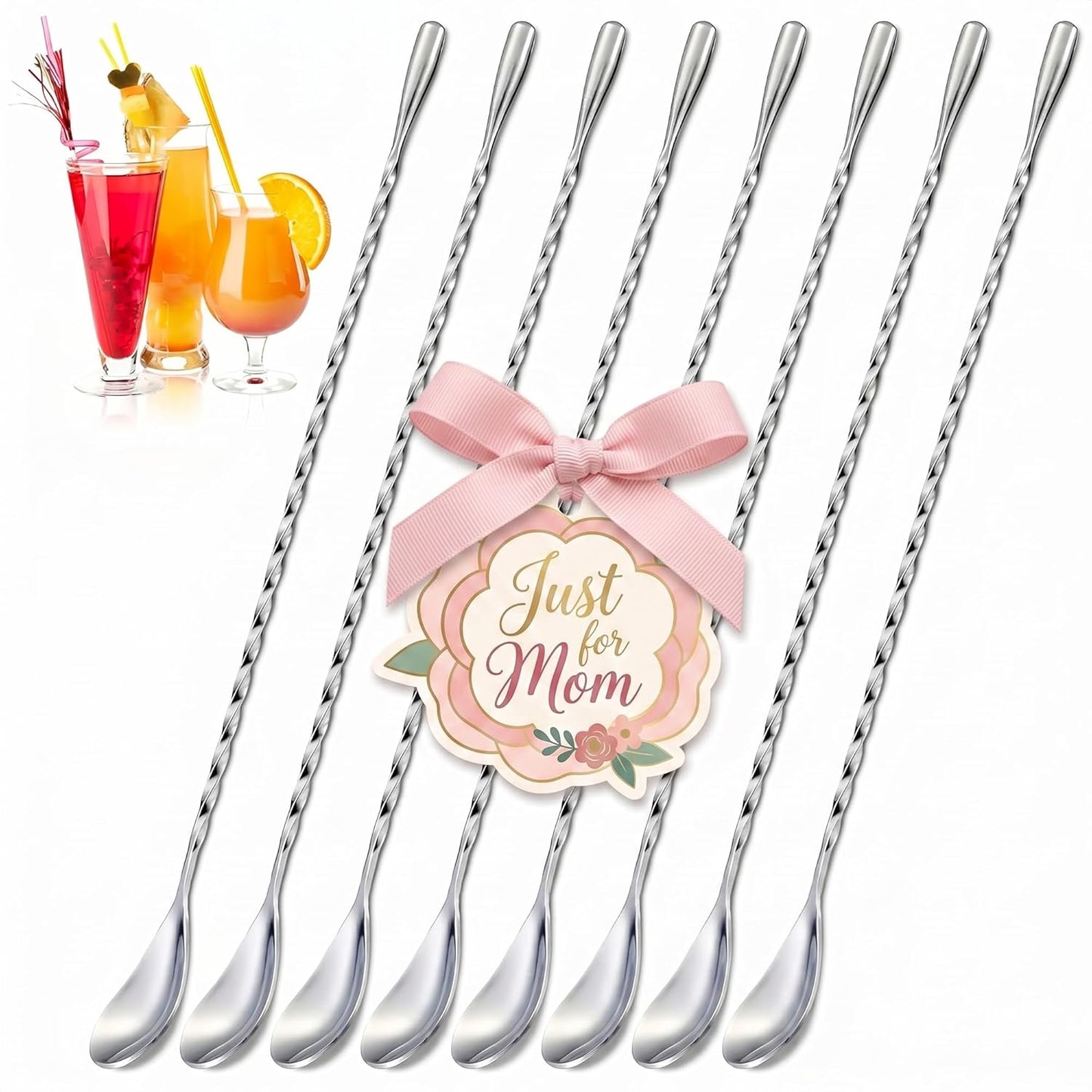 4 Pcs Bar Spoon Cocktail Mixing – Stirs Deep Glasses All the Way to the Bottom, Even Mixing & Easy Drink Layering – 12'' Long Balanced Stainless Steel Cocktail Stirrers for Drinks with Twisted Handle