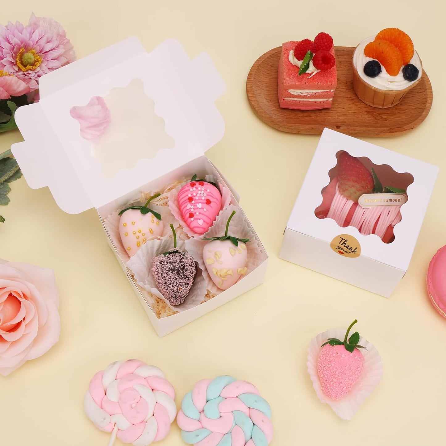 Moretoes 120pcs White Bakery Boxes, 4x4x2.5 Inch Cookie Boxes with Window for Small Cake, Treats, Donuts, Candy