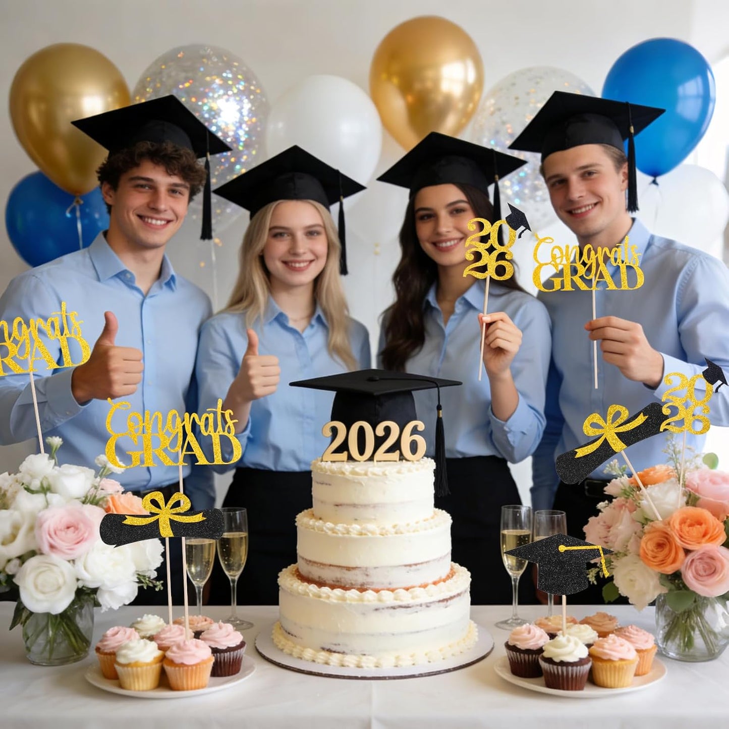 Graduation Decorations 2026, 16pcs Graduation Centerpieces for Table, Gold and Black Graduation Table Centerpieces Toppers, Class of 2026 Graduation Party Decorations Double Sided