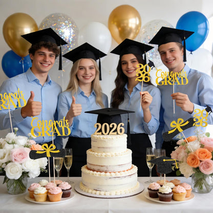 Graduation Decorations 2026, 16pcs Graduation Centerpieces for Table, Gold and Black Graduation Table Centerpieces Toppers, Class of 2026 Graduation Party Decorations Double Sided