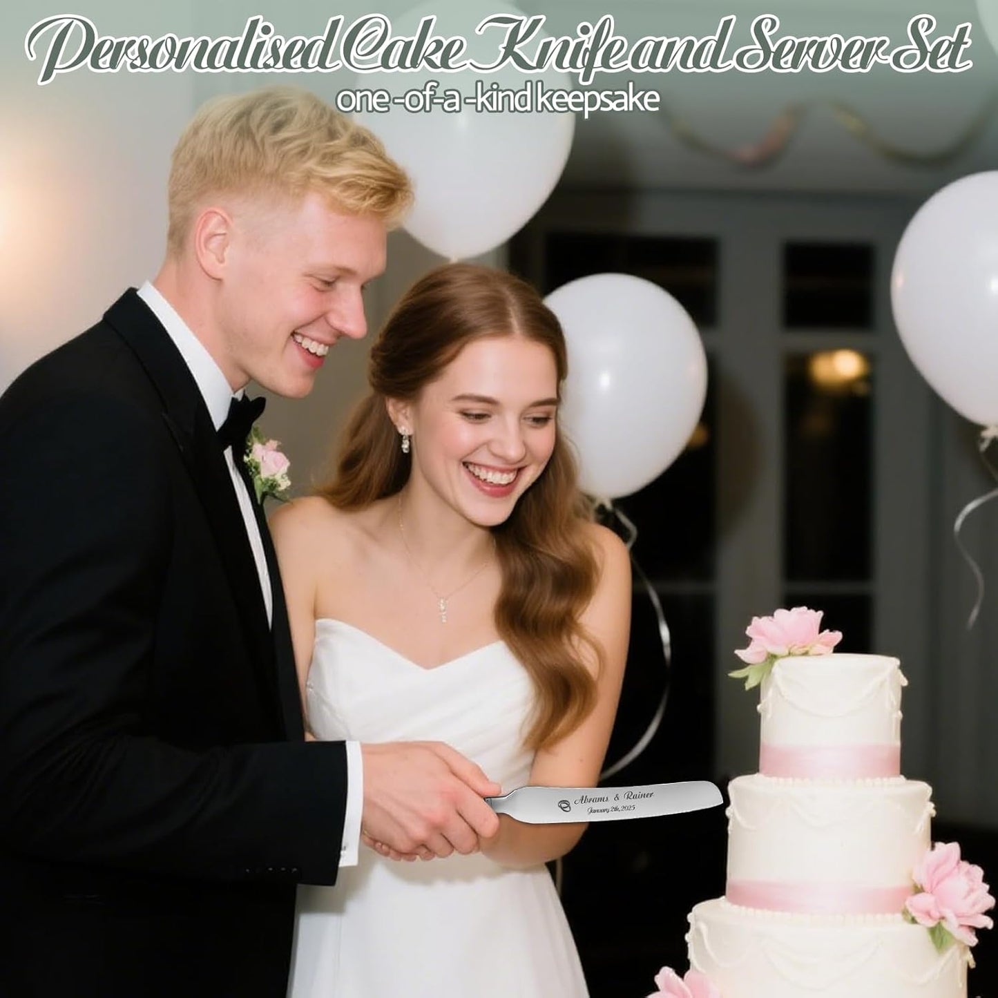HJX Personalized Wedding Cake Knife and Server Set with Champagne Flutes, Custom Name Text Toasting Glasses for Bride and Groom, Cake Cutting Set Ideal Wedding Engagement Bridal Shower Gift
