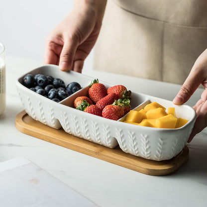 Miamolo 3 Compartment Condiment Tray, Chip and Dip Bowl with Wooden Serving Tray, Perfect for Snacks, Appetizers, Charcuterie, Chips, Candy, 10-inch Chip and Dip Serving Set for Parties