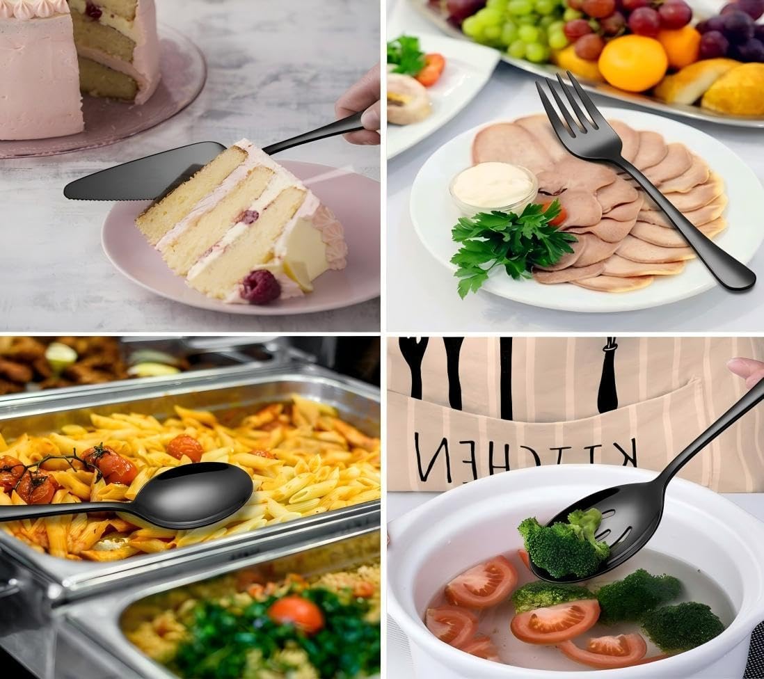 Serving Utensils, XEVOM 6-Piece Stainless Steel Serving Utensil Set Include Serving Spoon, Slotted Serving Spoon, Serving Fork,Serving Tong, Appetizers Tong,Pie Server (Silver), Regular