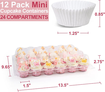 LotFancy (24 Count x 12 Sets) Mini Cupcake Containers with 288 Liners, Plastic Cupcake Boxes Holder, BPA Free, Clear Disposable Cupcake Carriers with Detachable Dome Lid
