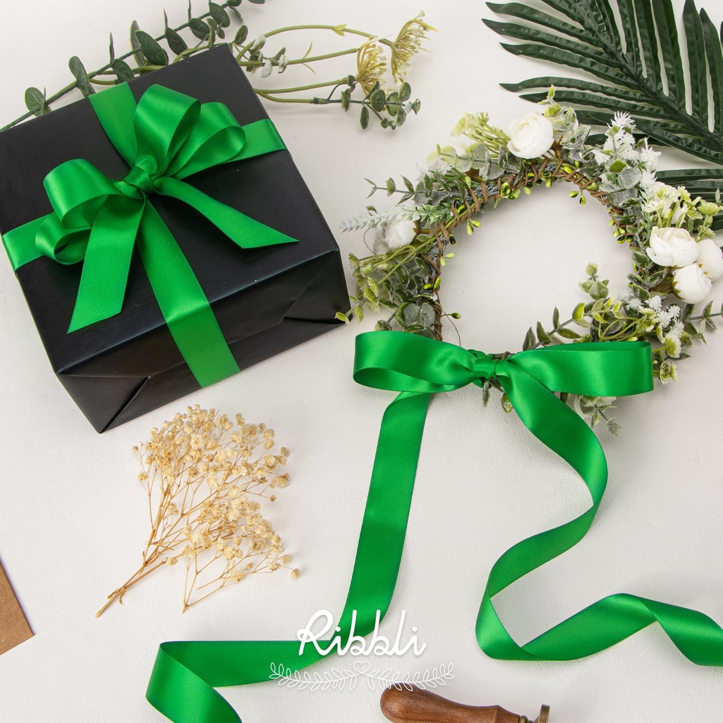 Ribbli Double Faced White Satin Ribbon,3/8” x Continuous 25 Yards,Fabric Ribbon use for Bows Bouquet,Gift Wrapping,Floral Arrangement