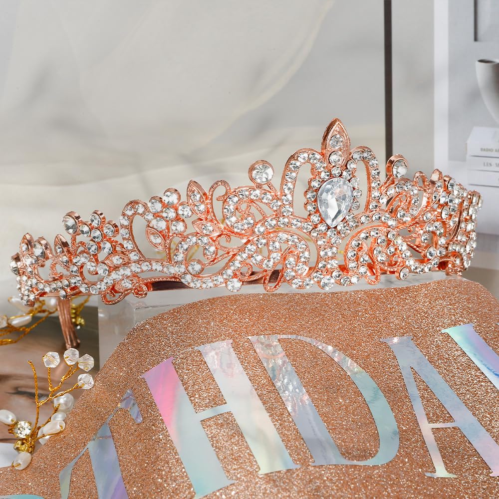 Birthday Sash for Women,Birthday Crown Tiaras for Women,Gold Rhinestone Queen Sash and Crown Tiara Headband for Party Decorations