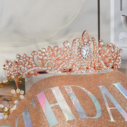 Birthday Sash for Women,Birthday Crown Tiaras for Women,Gold Rhinestone Queen Sash and Crown Tiara Headband for Party Decorations