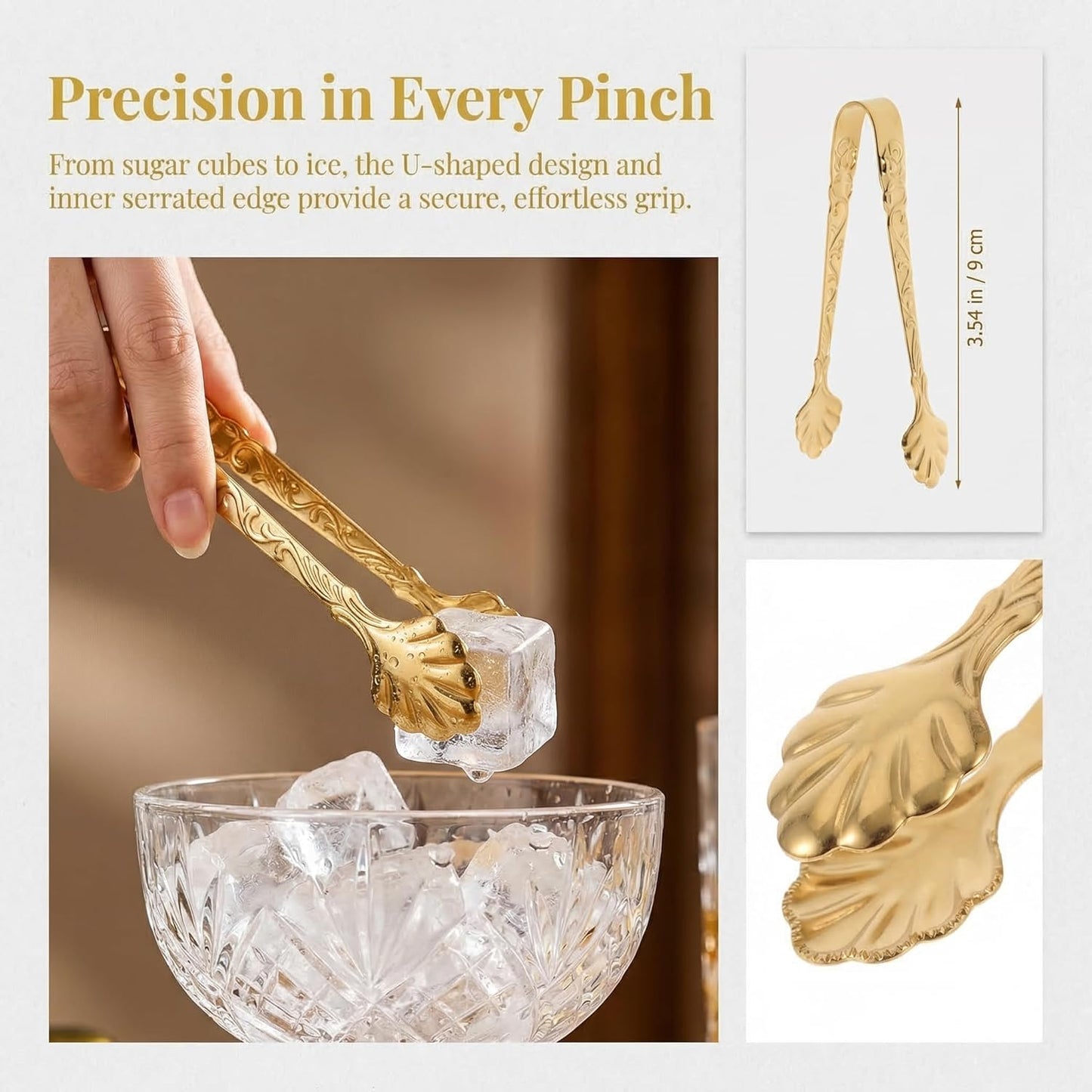 3.5inch Mini Serving Tongs, 2PCS Sugar Tongs, Small Stainless Steel Sugar Cube Pick with Rose Embossed Ice Grabber for Tea and Coffee Party Charcuterie Board Appetizers （Gold）