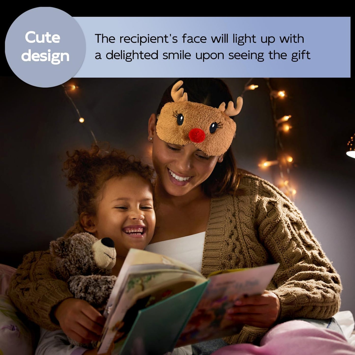 Christmas Reindeer Sleep Mask Cute Antler Eye Masks Sleeping Soft Plush Cartoon Blindfold Funny Animal Eye Cover Xmas Presents for Women Men (Xmas Reindeer,Brown)