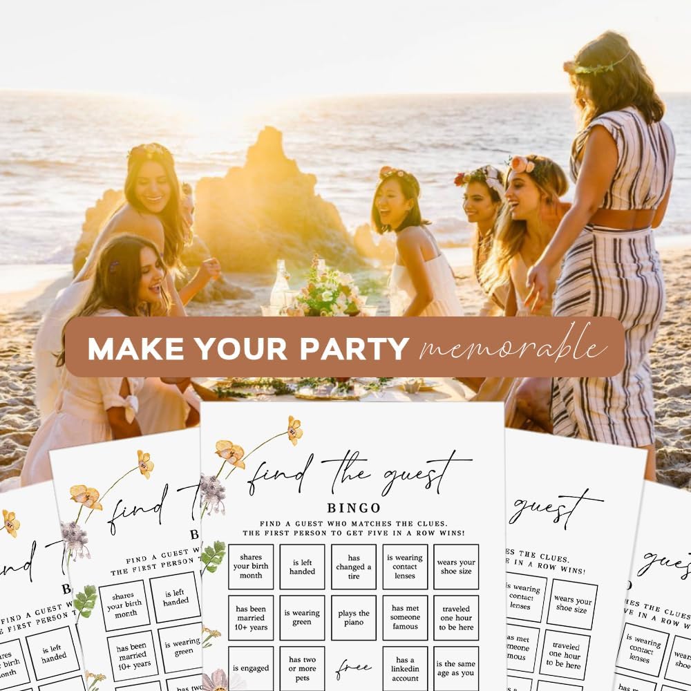 GardenCity Find The Guest Bingo Game Cards, Bridal Shower Games, Baby Shower Bingo, Wedding Game, 50 Cards - Wildflower