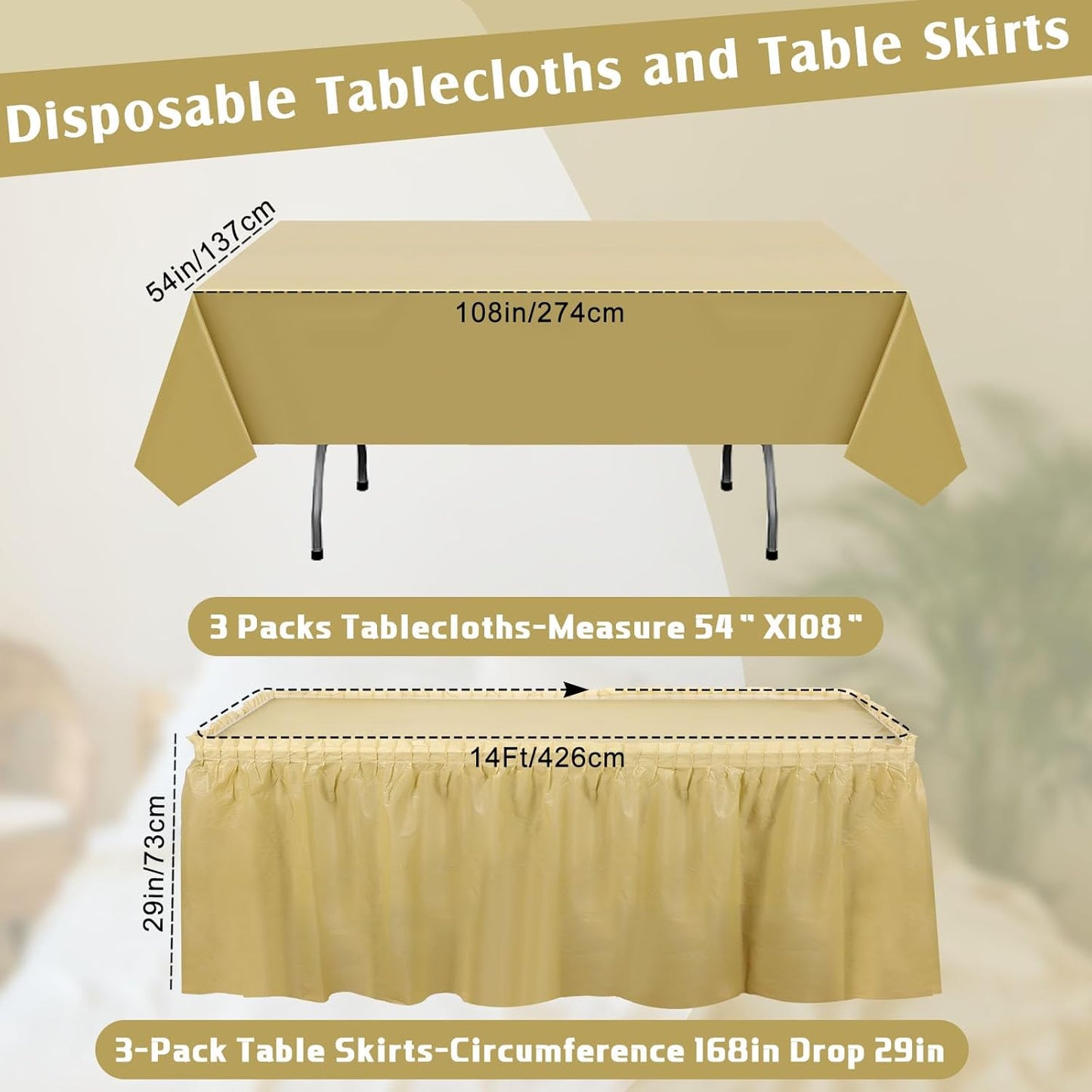 Oudain 6 Pcs Plastic Table Skirts and Stainproof Table Cloths 54 x 108 in Plastic Ruffle Tablecloth 168 x 29 Inches Disposable for Wedding Baby Shower Valentine Spring Easter Party(White)