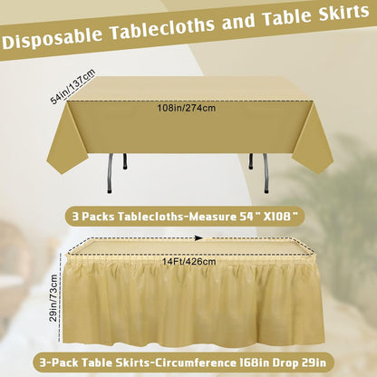Oudain 6 Pcs Plastic Table Skirts and Stainproof Table Cloths 54 x 108 in Plastic Ruffle Tablecloth 168 x 29 Inches Disposable for Wedding Baby Shower Valentine Spring Easter Party(White)