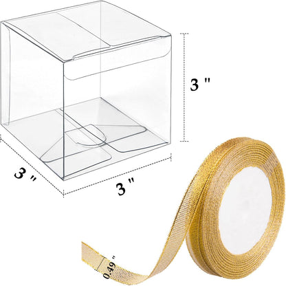 JOERSH 2x2x2 Inches Clear Boxes for Favors with Gift Ribbons, 60 PCS Mini Transparent Cube Wedding Baby Shower Birthday Party Favor Boxes, Small Gifts Display Individual Macaron Box