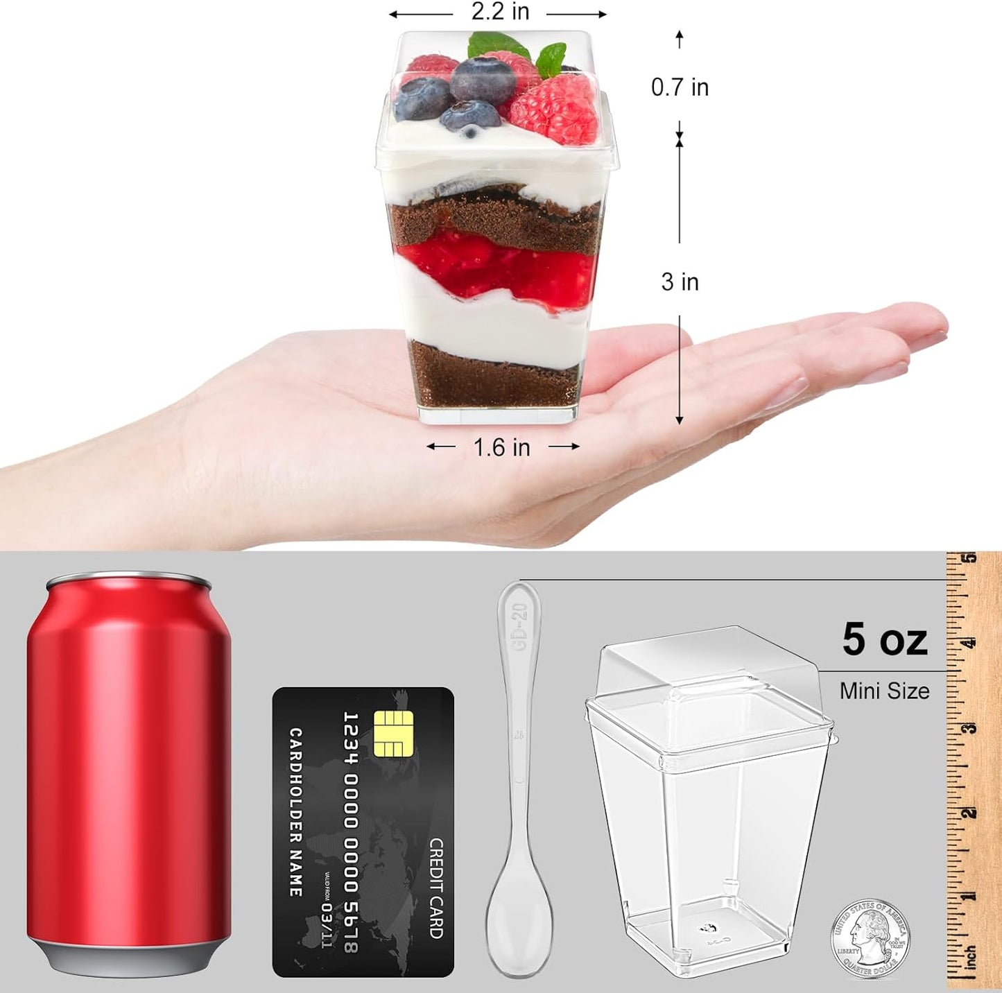 TOFLEN 50 Pack 5 oz Plastic Dessert Cups with High Lids for Party, Mini Dessert Cups with Spoons Dessert Shooter Cups for Yogurt Parfait, Appetizer, Pudding, Fruit and Ice Cream