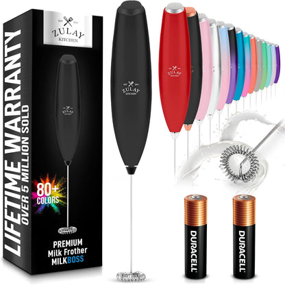 Zulay Kitchen Powerful Milk Frother AA Batteries Included – Ultra Fast Handheld Drink Mixer with Stainless Steel Whisk Stirrer for Coffee, Protein, Matcha & More, Frother Wand Electric Frothmate Black - Colors E