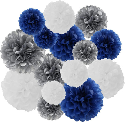 Navy-Blue White Silver Tissue Pom-Poms - 15pcs 5 Size Party Decorations Paper Flowers,Graduation Wedding Baby Bridal Shower Room Hanging Decorations Boy Birthday Party Backdrop Decor Panduola