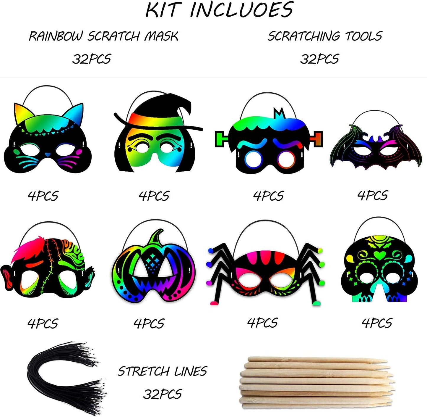 Natonhi 32Pcs Halloween Crafts for Kids Rainbow Scratch Mask, Halloween Games Scratch Art and Craft Kit Classroom Activities Favors Party Supplies