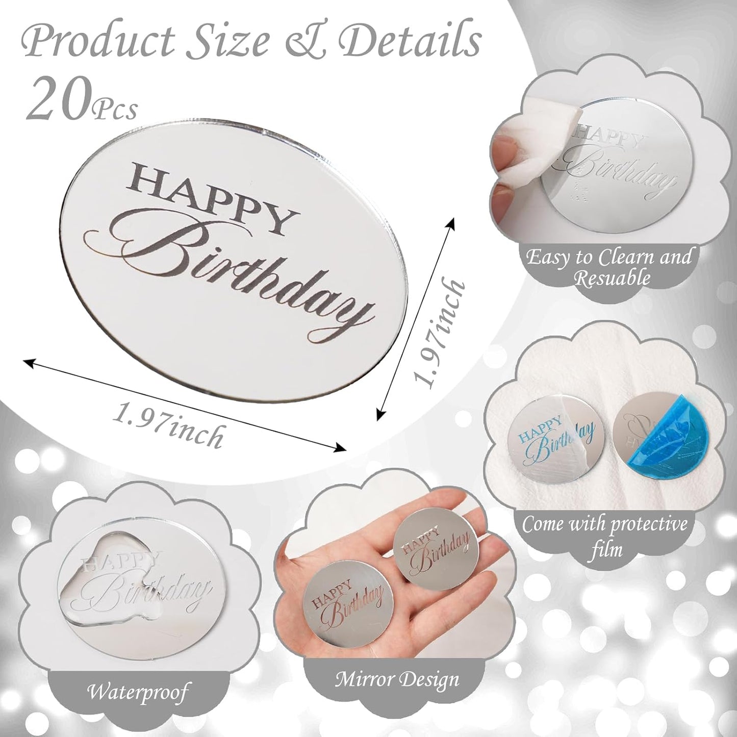 20pcs Gold Mirror Acrylic Happy Birthday Cupcake Toppers Round Engraved Cake Picks Happy Birthday Cake Toppers for DIY Birthday Gift Flower Bouquet Pastries Desserts Decor